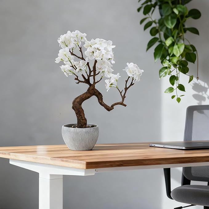 TOARTi Artificial White Cherry Blossom Potted Plant with Stone Pot, 12.2" Tall Fake Flowers Faux Plant Desk Decor, Decorative Plants Indoor Decor for for Home Bedroom Bathroom Office Desk