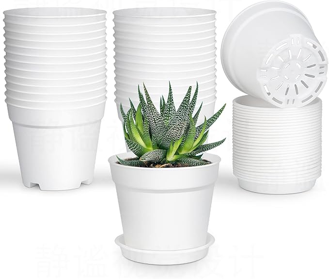 SwinDuck 28 Pack 4 inch Small Plant Pots, Plastic Planters with Drainage Holes and Saucers for Flowers Plants, Succulents, Seed Starting Pots, White