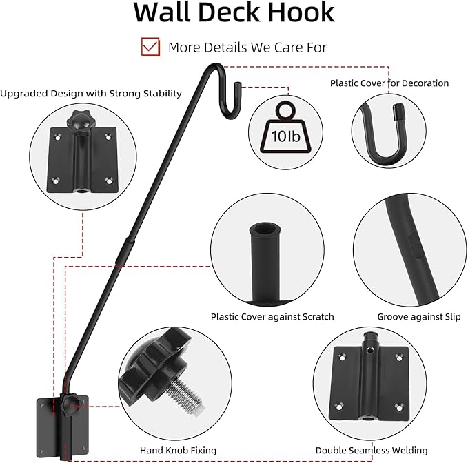 Monalife Deck Hook Wall Mounted,Extended Plant Hanger Outdoor,Bird Feeder Hanger-Metal Fence Shepherds Hooks Bracket for Hanging Hummingbird Feeder,Planter,Flower Baskets,Lantern-360°Rotating Pole