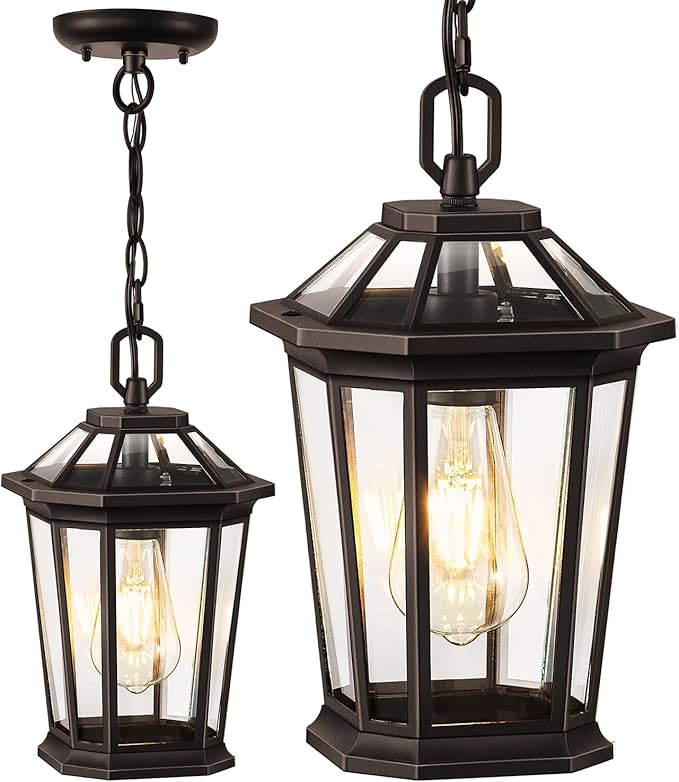 VIANIS Oil Rubbed Bronze Pendant Light Fixtures, Modern ORB Outdoor Chandelier with Clear Tempered Glass, Aluminum Ceiling Lights for Porch, Hanging Lighting for House