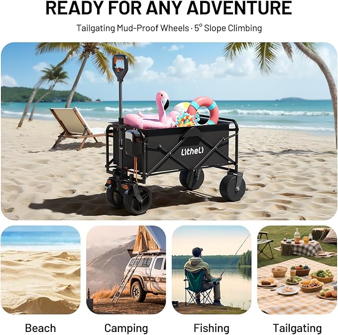 Litheli Electric Collapsible Wagon Cart Foldable, 100L Portable Folding Wagon Cart with Wheels, Outdoor Lightweight Utility Carts for Beach Grocery Camping Shopping