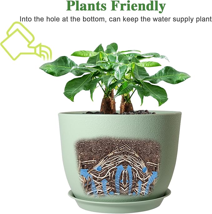 UOUZ 12inch Large Plant Pot, Modern Plastic Planter with High Driange Holes and Saucer for Indoor Outdoor Garden Plants and Flowers, Green