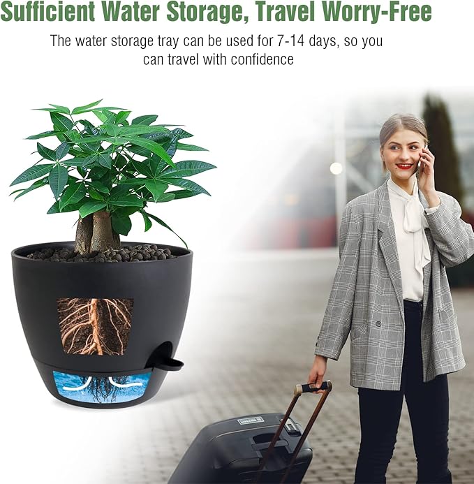 UOUZ 12inch 2Pack Large Self Watering Planters, Plastic Plant Pots with 60oZ Removable Deep Reservoir and Multi Mesh Drainage Holes for Indoor Outdoor Garden Plants and Flowers, Black