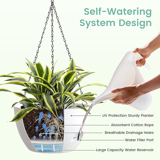 UOUZ 4 Pack 8 Inch Self Watering Hanging Planters for Indoor Outdoor Plants，Hanging Pots for Plants with Drainage Removable Tray, Hanging Baskets Flower Pots for Ivy Pothos Spider Garden Porch White