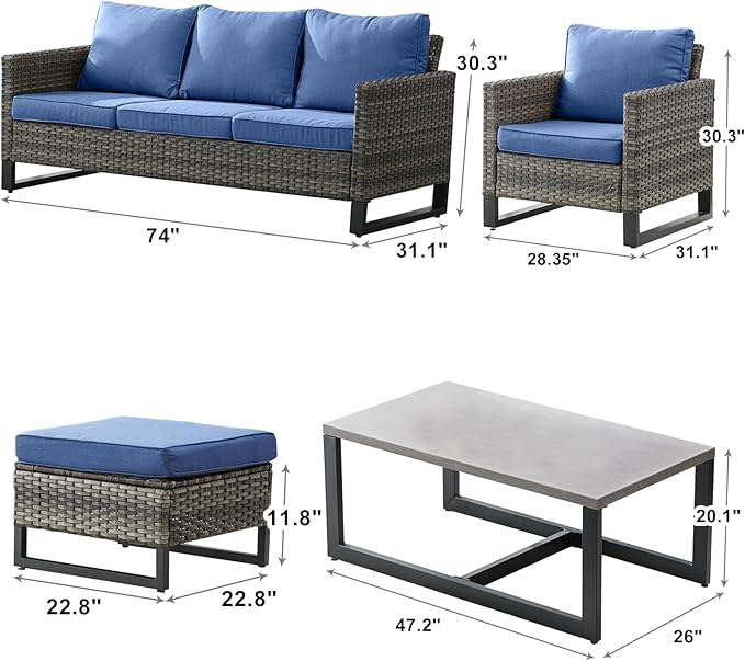 Rilyson Wicker Outdoor Patio Furniture Set - 6 Piece Patio Conversation Set with 2 Armrest Chairs,2 Rattan Ottoman,1 Couch and 1 Metal Side Table for Outside Porch Deck Backyard(Mixed Grey/Blue)