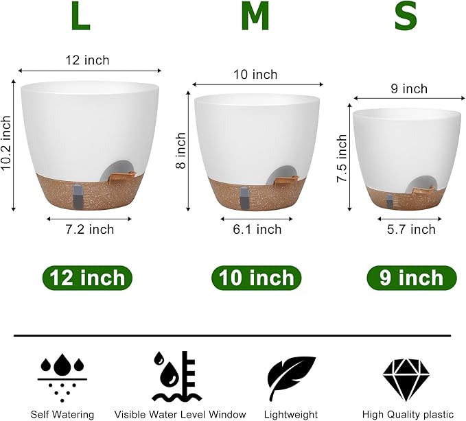 Self-Watering Plant Pots with Water Level Indicator, Drainage Holes & Saucers – 12/10/9 Inch Large Plastic Planter Set for Indoor & Outdoor Plants (White)