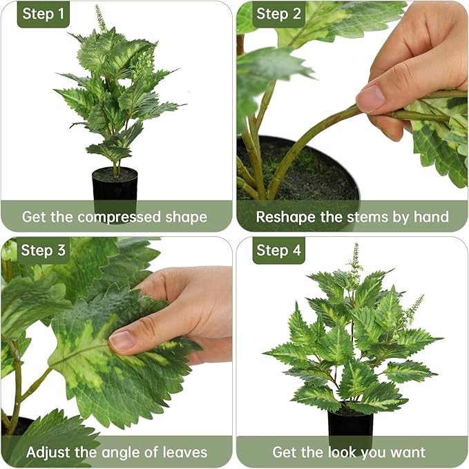 Artificial Plants Indoor with Pot 16.9" Faux Potted Perilla Plants Indoor Decorative Silk Greenery in Black Pot for Farmhouse Home Bathroom Living Room Office Table Shelf Decor