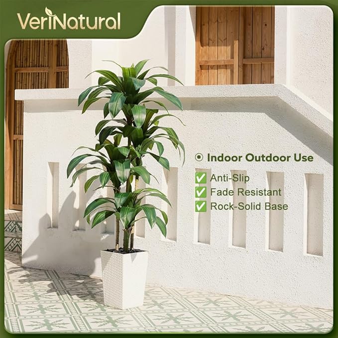 VeriNatural Artificial Dracaena Tree 6FT - Fake Tree with White Taper Planter & Pebbles - UV Resistant Faux Yucca Tropical Plant - Artificial Trees for Home Office Living Room Decor Indoor Outdoor