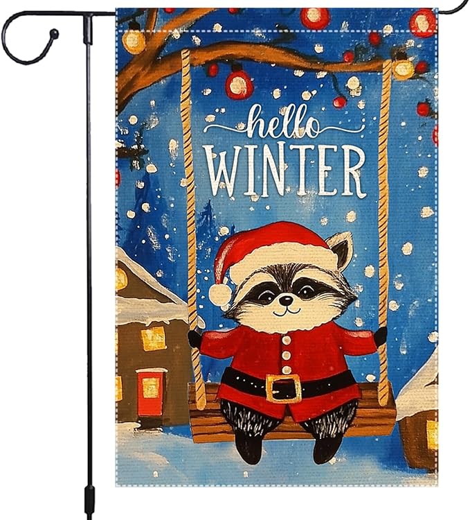 Hello Winter Garden Flag 12x18 Inch Double Sided Burlap Cute Raccoon in Santa Suit on Swing Christmas Holiday Outdoor Decor for Yard Porch Lawn Winter House Decoration
