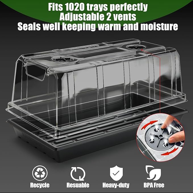 10 Pack 6.3" Tall Humidity Domes for 1020 Trays, Extra Strength Seed Starter Covers with 2 Adjustable Vents, Clear Plastic Propagation Cloning Lids for Germination & Microgreens, BPA-Free