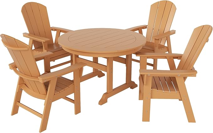 WestinTrends Malibu 5 Piece Adirondack Patio Dining Set, All Weather Poly Lumber Outdoor Table and Chairs Furniture Set, 47" Trestle Round Dining Table and 4 Adirondack Dining Chair, Teak