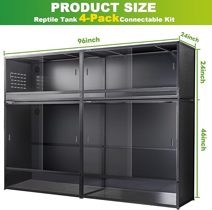 ToxiRium Reptile Tank 4-Pack Connectable Kit, 48"x24"x46" and 48"x24"x24" PVC Enclosures, Extra Large & Tall Stackable Terrariums for Bearded Dragon & Ball Python with Front Glass Doors & Locks