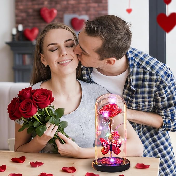 Valentines Day Rose Gifts for Her Birthday Gift for Women Galaxy Glass Rose in Glass Dome Forever Eternal Crystal Roses with Butterfly Anniversary Valentine Gifts for Daughter Mom Wife Girlfriend Red
