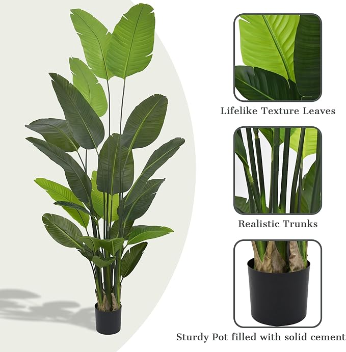 Bird of Paradise Plant Artificial 8ft - Tall Faux Plants Indoor with Realistic Trunks and 24 Vivid Leaves, 96 Inch Fake Tropical Floor Plants in Pot for Home Living Room Bedroom Office Indoor Decor