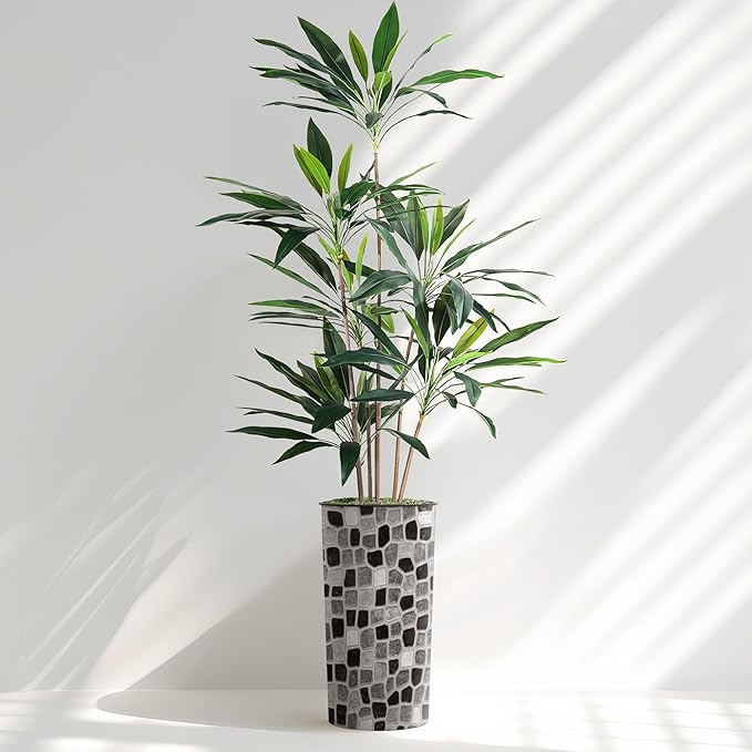 SIGNWIN Artificial Tree in Modern Geometric Pattern Planter, Fake Dracaena Tree Silk Trees for Indoor and Outdoor Home Decoration - 66" Overall Tall (Plant Pot Plus Tree)