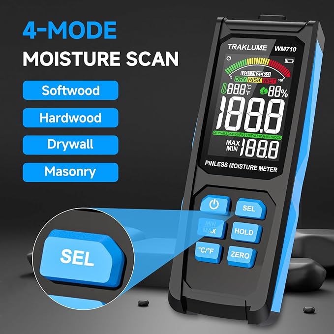 Wood Moisture Meter for Lumber Pinless Moisture Tester for Drywall with Colorful Screen Moisture Sensor for House Firewood Moisture Detector for Walls Moisture Reader for Wood Wall Water Leak Detector