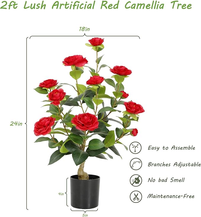 Nafresh 2FT Lush Artificial Red Camellia Tree Outdoor 2 Pack, 24inch Faux Camellia Plant, Fake Camellia Flowers Tree for Indoor Outdoor Living Room Home Patio Front Door Garden Decor