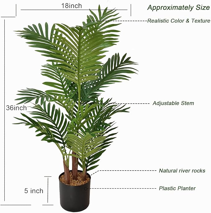 Artificial 3 Feet Areca Palm Tree with Realistic Leaves and Adjustable Branches Faux Palm Tree Pot, Fake Plants for Home, Office, Living Room, Kitchen, Bedroom, Balcony Decor
