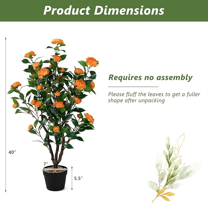 Goplus 40” Artificial Camellia Tree, 2 Pack Flower Plants Artificial Tree, Faux Floral Plant Blooming Tree in Cement Pot, Greenery Potted Plant for Indoor Outdoor Office Home Porch Decor