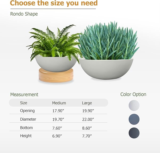 KUTE NEST 7.7" H x 22" D Round Bowl Fiberstone Planter for Succulent and Lotus with Drainage Hole, Smooth Finishes, Weather Resistant, Included 2 Extra Coco Mats (Light Gray, 19.9" Pot Opening)
