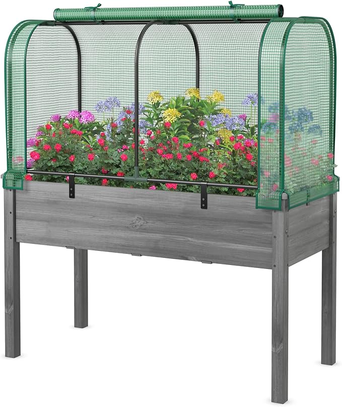 Toolsempire Raised Garden Bed with Greenhouse, Waterproof Sun-Protective Green House with Roll-Up Door & Electroplated Metal Frame, Fir Wood Elevated Planter Box with Drainage Holes(Green+Gray)