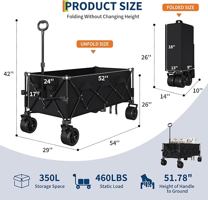GarveeLife Heavy Duty Utility Beach Wagon Cart, Collapsible Wagon Beach with All Terrain Wheels, Extra Long WagonCart Foldable with Cup Holders for Sand