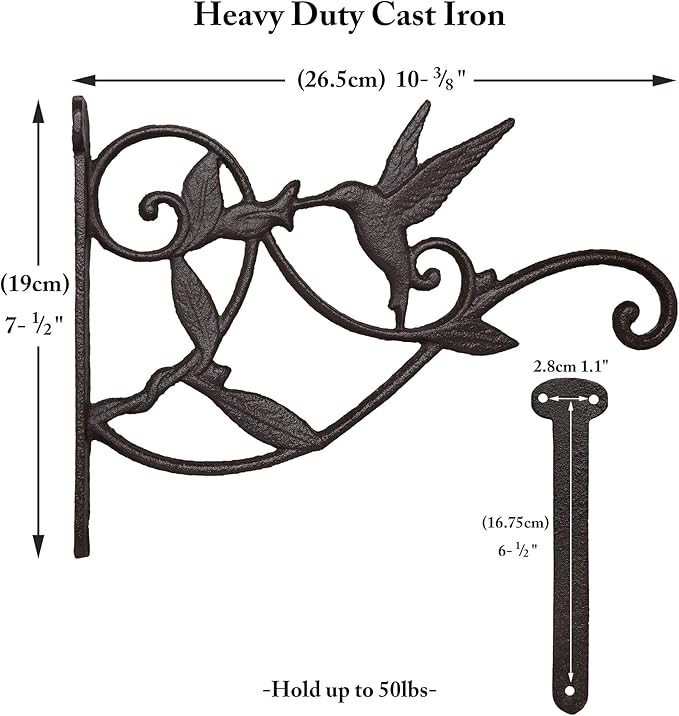 FLORWOD 2pcs Plant Hangers Outdoor Heavy Duty for Wall 10 Inch, Decorative Plant Bracket Lantern Hooks Rustic Iron, Hummingbird Style