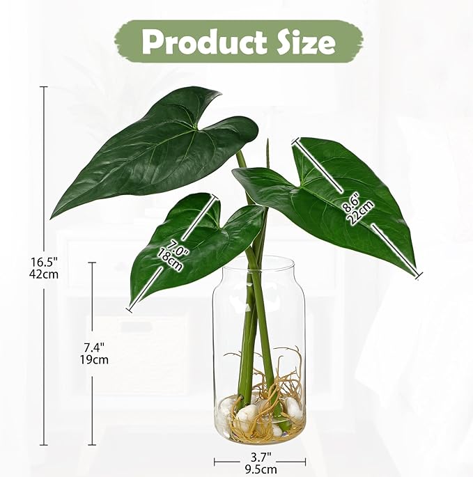 Oairse Artificial Tropical Plant in Glass Vase with Faux Water & Pebble - 16.5" Fake Plants in Vase Taro Leaves Stem Fake Palm Monstera Greenery for Home Indoor Centerpiece Farmhouse Decor