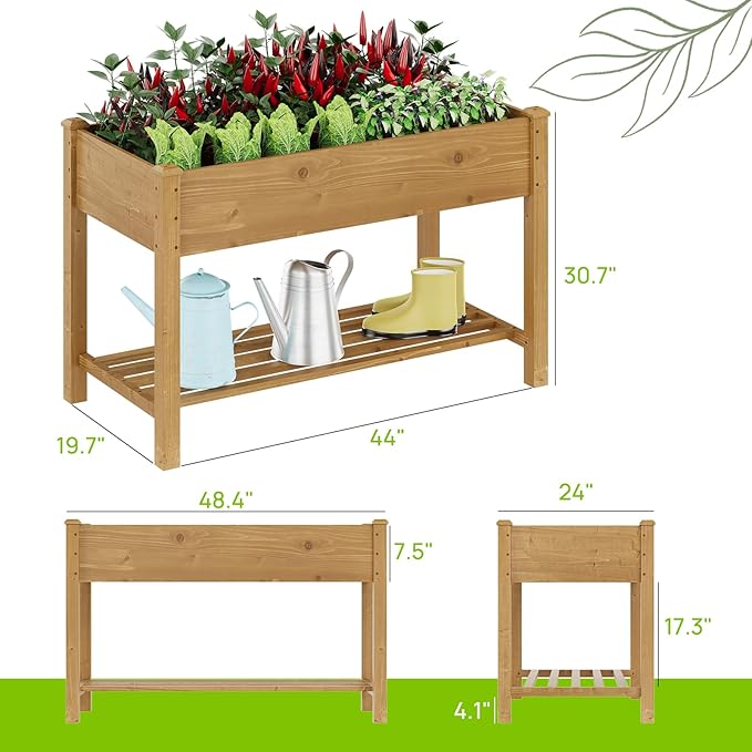 Raised Garden Bed, Planter Box with Storage Shelf, Elevated Wooden Planter Box with Legs, Garden Planter for Backyard, Patio, Balcony, Natural Wood (Brown, M)