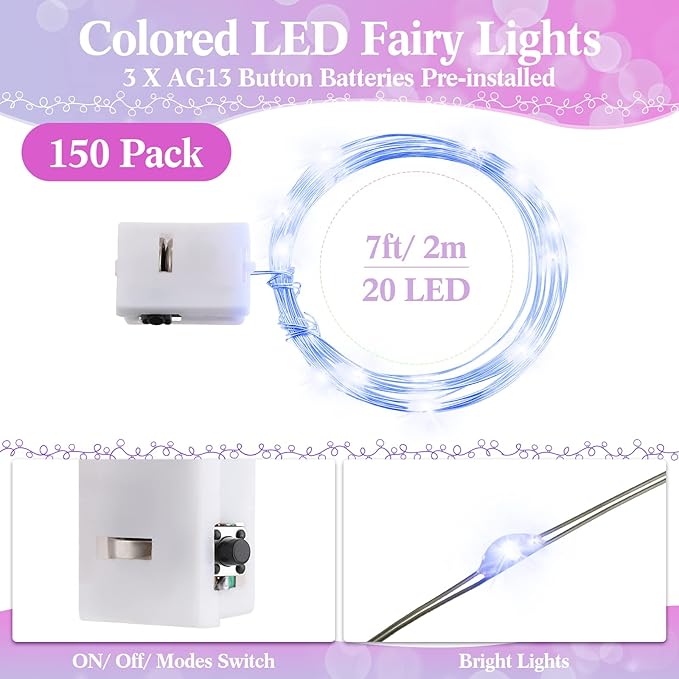 Tuanse 150 Pack LED Fairy Lights Colored Battery Operated String 3 Speed Modes 7 ft 20 LED Starry Wedding Decoration Waterproof Wire Twinkle Light for DIY Jar Bedroom Party Supplies (Multi Color)