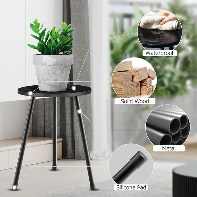 KINNARY Black Plant Stand Indoor Set of 2, Mid Century Wood Plant Table for Flower Pots, Metal Plant Holder, Modern Home Decor Small Round Side End Table (11.8"x16")