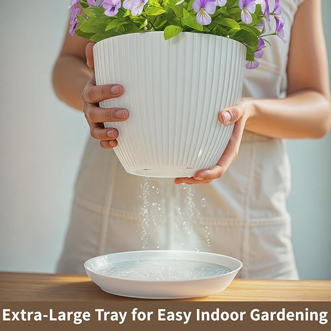 LASZOLA White Plant Pot Plastic Planter with Drainage Holes and Saucer Tray for Indoor Flower, Medium to Small 7.5/6.5/5.5/4.9/4.2/3.5 Inch, Modern House Decorative Gardening Round Pot, Set of 6