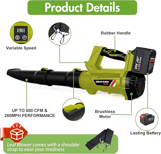 Leaf Blower Cordless 650CFM 280MPH Electric Leaf Blower with 2 x 6.0Ah Battery Operated 21V Powered, 6 Speed Mode, Handheld Blowers 2 Extended Tubes for Lawn Care, Patio, Dust, Blowing Leaves, Snow