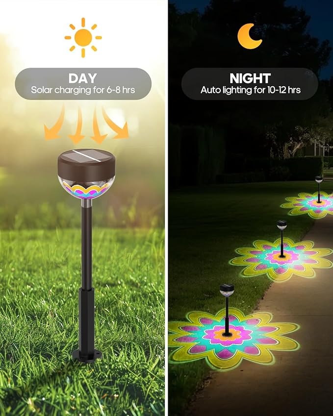 Solar Pathway Lights 8Pack, 1200mAh Solar Garden Lights 2 Themes (Flower & Christmas), Height-Adjustable, Waterproof LED Outdoor Projection Lights for Yard Lawn Backyard Walkway Landscape Decorative