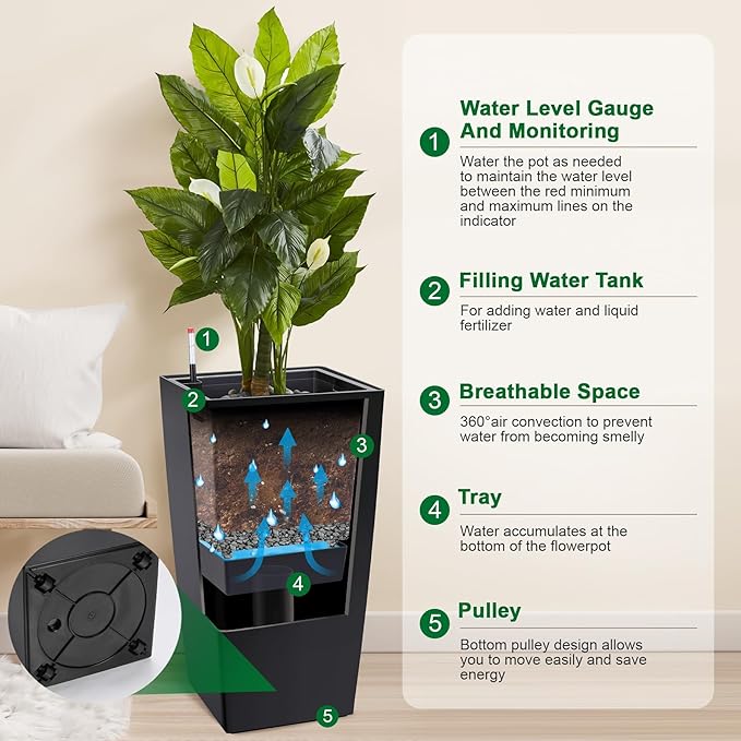 Set of 2 Tall Planters for Outdoor Plants, 30" Large Planter Pots with Drainage Holes & Water Level Monitor, Self-Watering Flower Pots for Patio, Porch, Garden, Front Door Decor, Indoor Outdoor