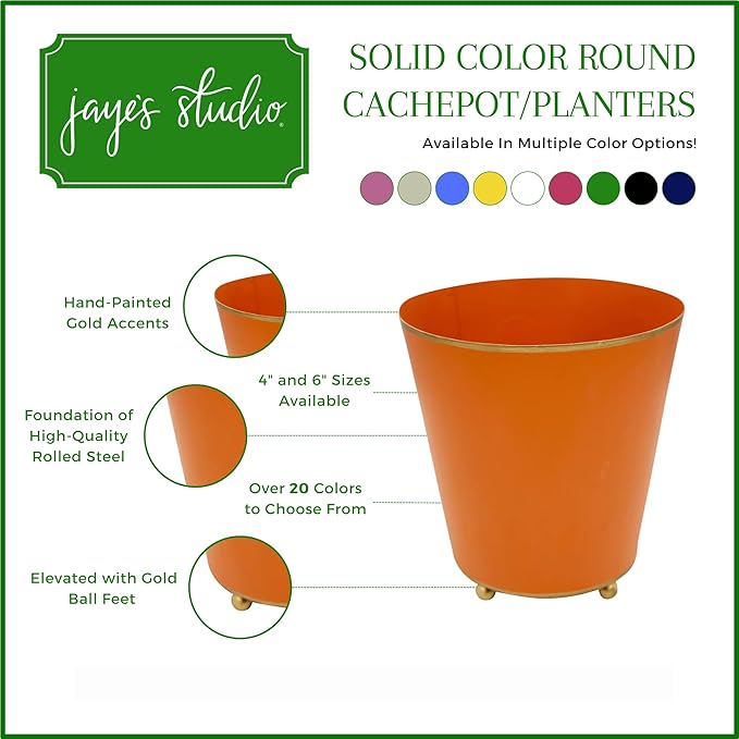 Jaye's Studio Mattie Orange, Decorative Round Cachepot & Planter, Matte Orange, Gold Trim & Finish, Hand-Painted, Handcrafted Metal, Luxury Indoor Planter, Size 4"
