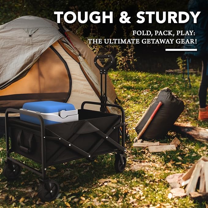 Lifetime Home Collapsible Foldable Heavy Duty Utility Wagon Cart with Larger Capacity - Perfect for Shopping, Sports Events, Grocery, Moving, Camping, Laundry, Beach - Black