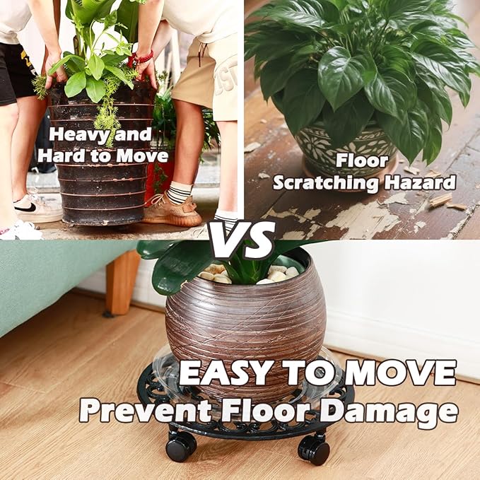 14 Inch Rolling Plant Stand with Wheels Metal Plant Caddy with Wheels Heavy Duty Round Plant Stand Indoor Iron Plants Rollers for Plants, Plant Dolly with Plant Saucers 1 Pack
