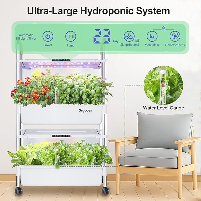 Indoor Garden Hydroponic Growing System with 54 Pods Herbs Garden Kit with 30W Led Grow Light Large Movable 2-Layer Floor-Standing Hydroponic Gardening System Planter Grower for Vegetable Fruit