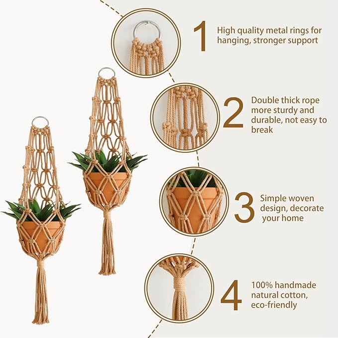 Artilady Hanging Planter for Indoor Plants Macrame Plant Hanger Large Hanging Plant Holder Brown Plants Basket White Rope Boho Original Wall Decor (Brown Plant Hanger)
