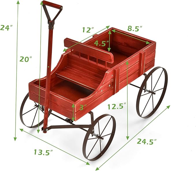 Giantex Decorative Garden Planter, Small Wagon Cart with Metal Wheels, Wood Raised Beds Plant Pot Stand for Backyard Garden Patio 24.5"x13.5"x24" (Red)