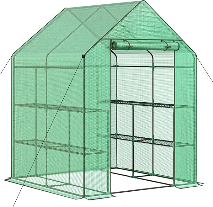 56x56x76 Greenhouse, Portable Green House for Outside Patio, Greenhouses Kit for Outdoor with Shelves, Thicken PE Cover, Ground Nail and Fixed Ropes (Green Cover, 4.6x4.6x6.3 FT)