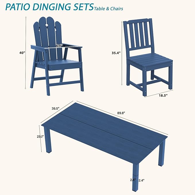 11-Piece Patio Dining Set for 10, HDPE All-Weather Outdoor Furniture with Umbrella Hole Table, 89.76” Oversized Table, 2 Armchairs & 8 Armless Chairs, Navy