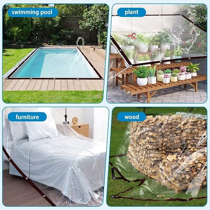 Clear Tarps with Grommets 8x10ft -2Piece,Heavy Duty Waterproof Tarp Cover,Transparent PVC Vinyl Tarpaulin for Outdoor,Plant,Garden,Chicken Coop,Patio,cat Litter