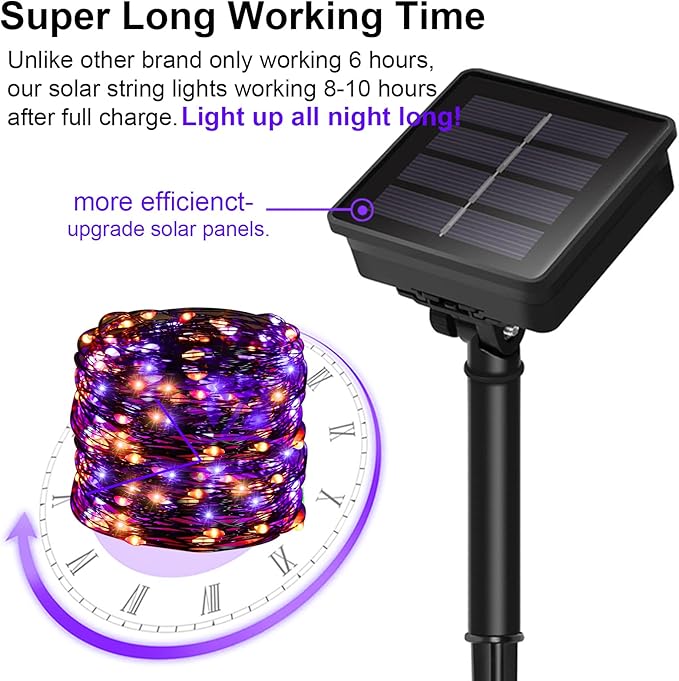 YAOZHOU Halloween Decorations Outdoor Lights, Solar String Lights Purple Orange IP67 Waterproof 2 Pack Total 200 LED 66FT 8 Modes Fairy Lights, Outside Fall Decor for Tree, Garden, Patio, Fence, Lawn