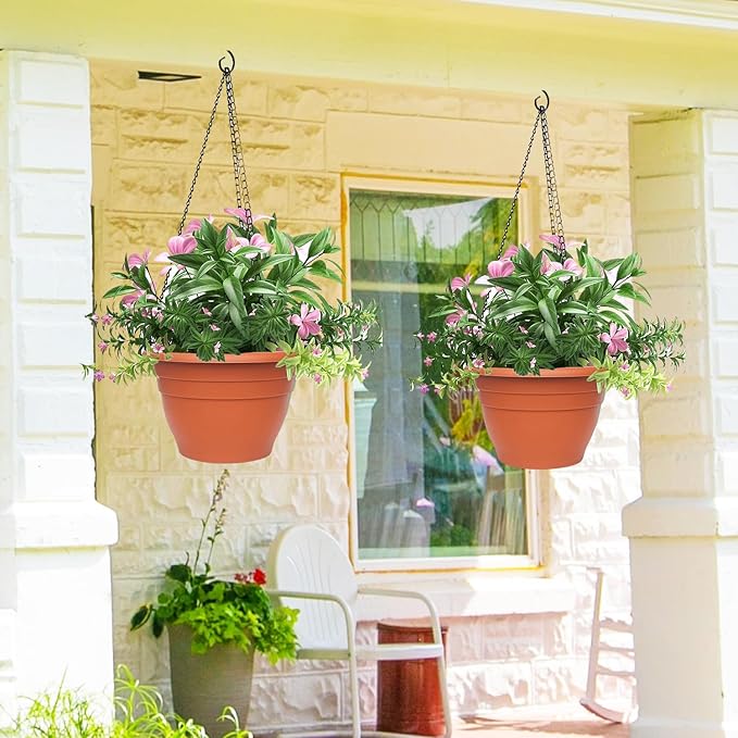 RooTrimmer 5 Pack 10 Inch Plastic Plant Pots Lightweight Planters with Drainage Holes,Durable Indoor & Outdoor Flower Pots for Garden,Patio & Home Decor(Pottery Red)