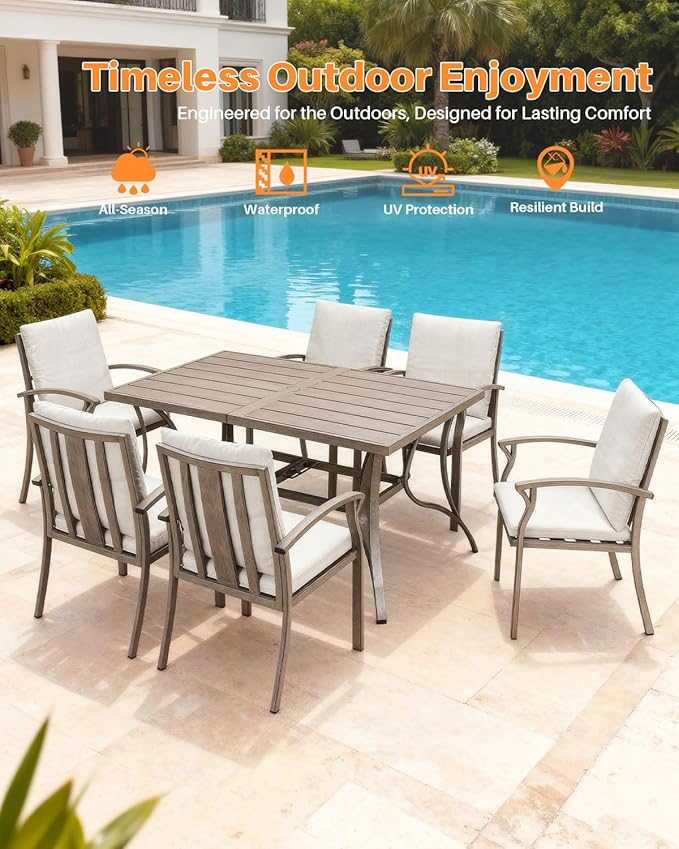 Patio Dining Chair Set of 6, Outdoor Dining Chairs with Thick Cushion, Sturdy Aluminum Outdoor Chairs for Table, Outdoor Dining Furniture Set for Deck, Garden, Backyard, Pool, Limed Oak