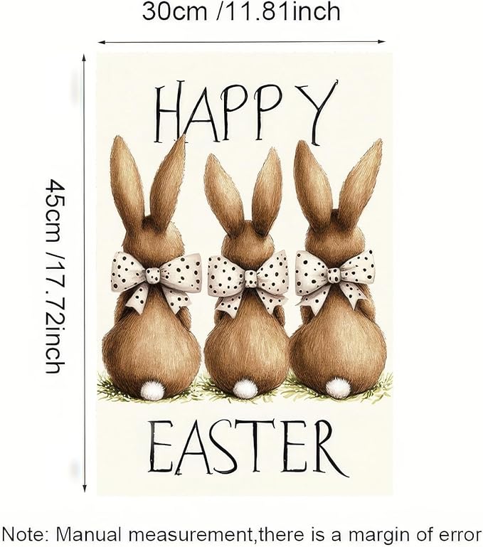 Happy Easter Garden Flag 12x18 Inch Double Sided Bunny Bow Yard Flag Outdoor Welcome Yard Holiday Decoration Colorful Easter Three Cute Bunny Holiady Supplies