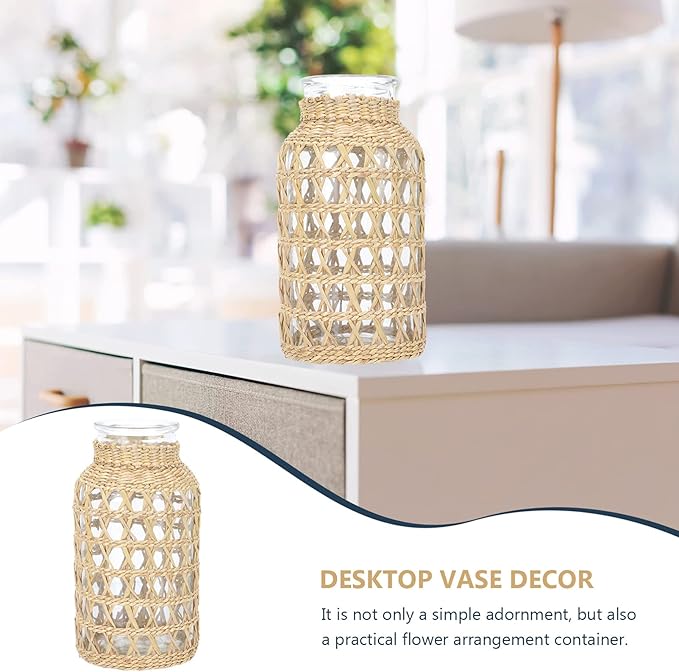 Cabilock Small Clear Flower Vase with Rattan Woven Cover Flower Bud Container for Farmhouse Floral Arrangements Housewarming Party Decorations (3.2x3.2x6.2 inch)