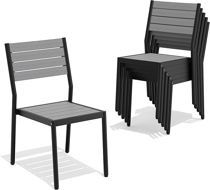 Pellebant Stackable Outdoor Dining Chairs Set of 6, Aluminum Patio Chairs with Armless, All-Weather for Garden, Lawn, Deck, Porch and Yard, Gray